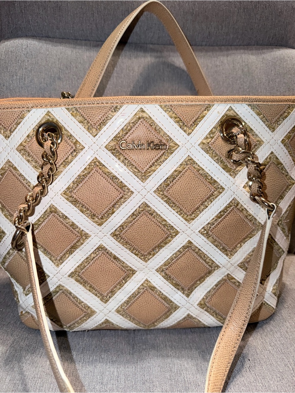 Calvin Klein Tan & White Quilted Diamond-Pattern Tote